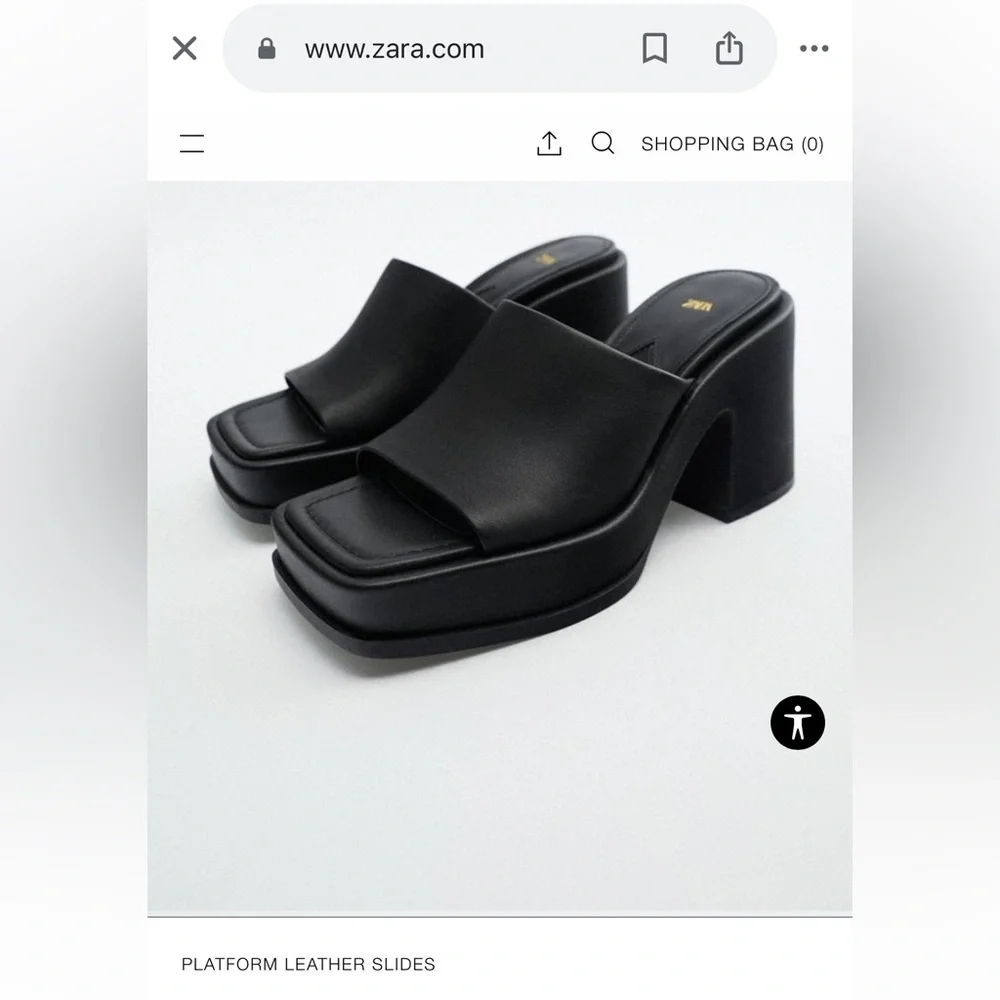 Zara Black Leather Chunky Heel Squared Toe Versatile Slip On Platform Shoes‎ 42